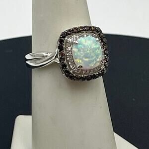 Zatos 925 Sterling Silver Cushion Cut 8mm Lab Opal Smoky Quartz Halo Ring‎ Sz 7